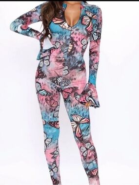 Fashion Nova Pink & Blue Butterfly Print Jumpsuit